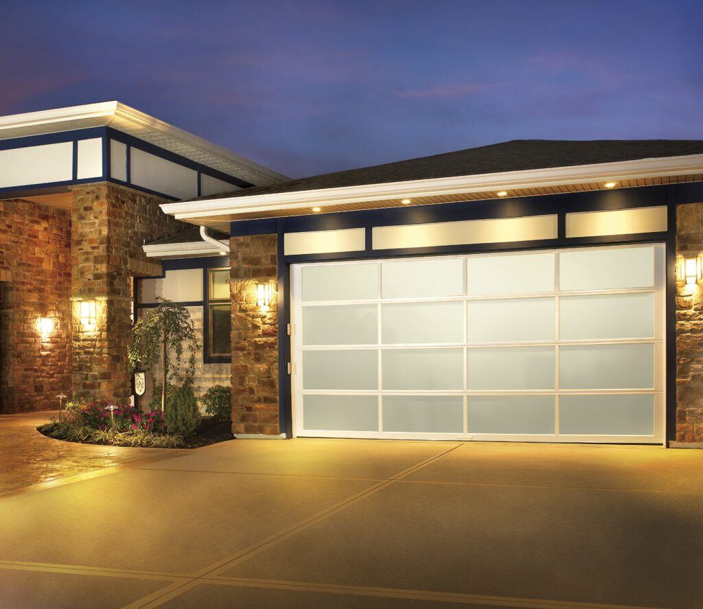 clopay avante garage door at night